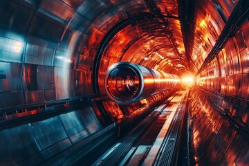 Obraz premium Futuristic Metal Tunnel Industrial Interior Design Red Orange Lighting Bright Dramatic Long Pipe Science Technology Engineering Abstract Background 