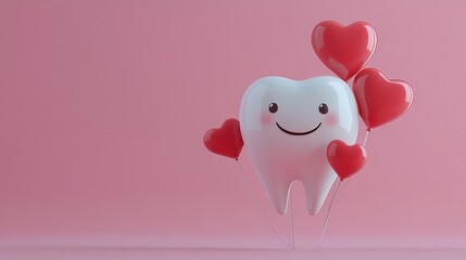 Smiling cartoon tooth with heart balloons on pink background. The 14th of February. Happy Valentine's Day