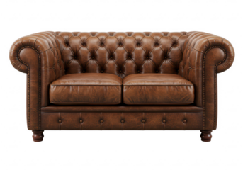 A luxurious brown leather Chesterfield sofa with a deep-button tufted backrest isolated on transparent background