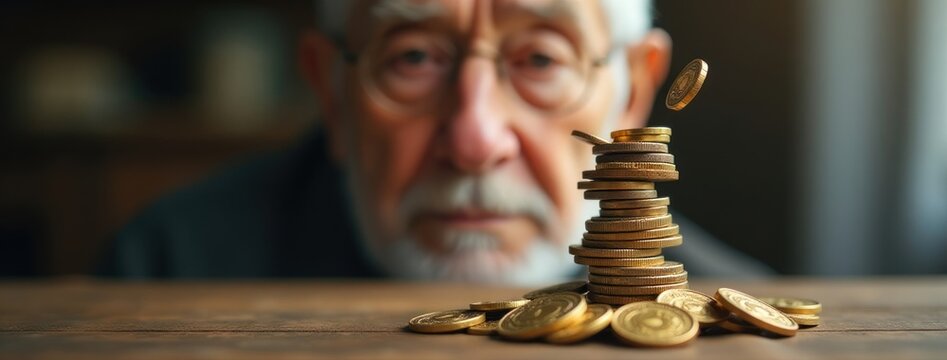 Worried Elderly Man Looks at Unstable Coin Stack. Financial Struggles in Old Age. Perfect for content of elder financial abuse, healthcare costs, and insufficient retirement funds