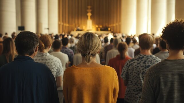 Diverse congregation praying together in a modern cathedral with soft natural light illuminating the sacred space, captured in a respectful documentary style to highlight unity and devotion - Powered by Adobe