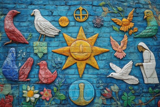 Colorful mural celebrating the unity of different religious symbols, conveying a powerful message of peace, harmony, and cultural inclusivity through vibrant artwork