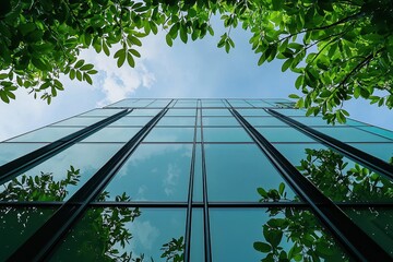 Green architecture with glass and sustainable business building design, promoting net-zero emissions, carbon reduction, and green trees to help reduce carbon dioxide in the environment