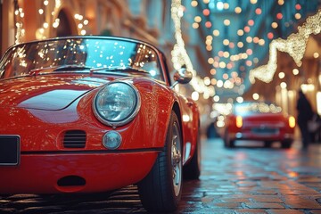 Naklejka premium Classic red convertible gleams on a softly lit city street at night