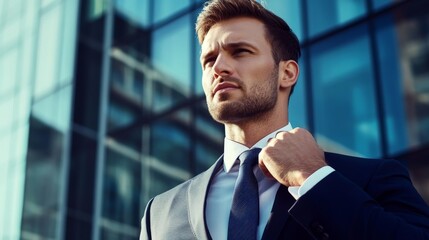 Fototapeta premium Confident young caucasian male in business suit in urban setting