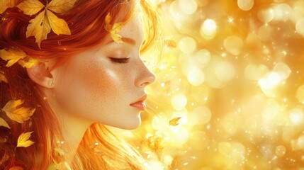 Fototapeta premium Young caucasian woman with autumn leaves and freckles in bright golden light