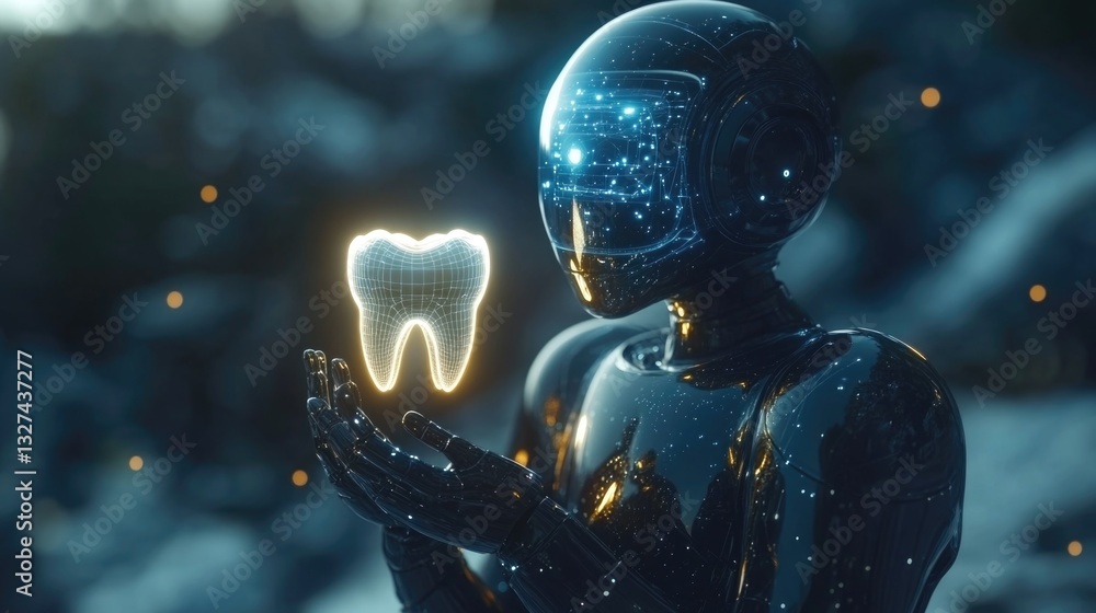 Poster futuristic robot examining holographic tooth in technology-driven environment
