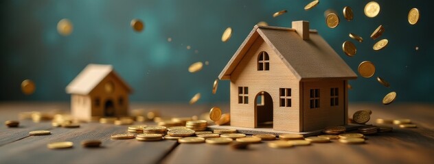 Golden Rain of Coins over Miniature Wooden Houses. Real Estate Investment. Ideal for real estate agencies, financial institutions, investment firms, mortgage companies, and personal finance blogs
