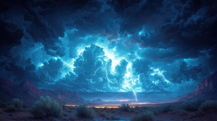 Epic Desert Storm Dramatic Lightning Strikes Night Sky Above Mountains and Plains Stunning Blue Light