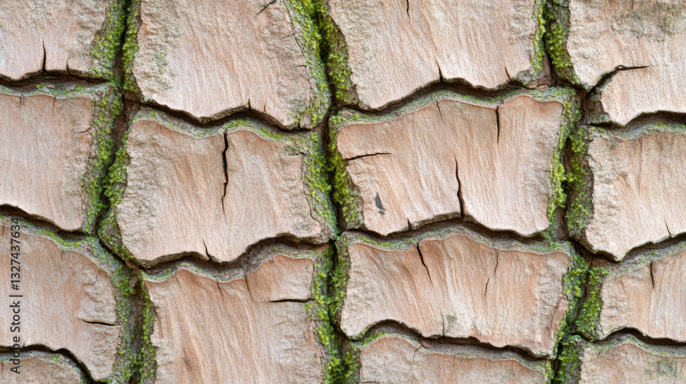 Poster textured surface of ancient tree bark with deep grooves and moss