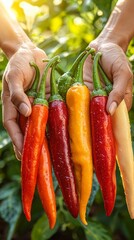 Person examining a colorful variety of chili peppers with hands, focusing on texture and freshness in the market