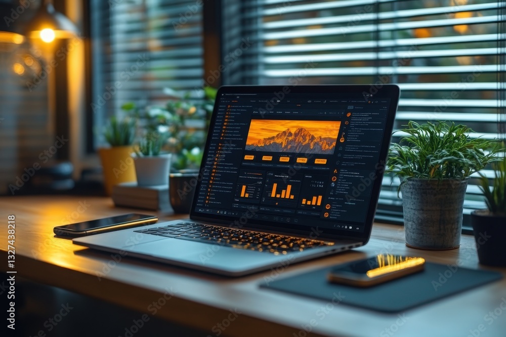 Aufkleber workspace with open laptop displaying analytics smartphone plants and desk lamp