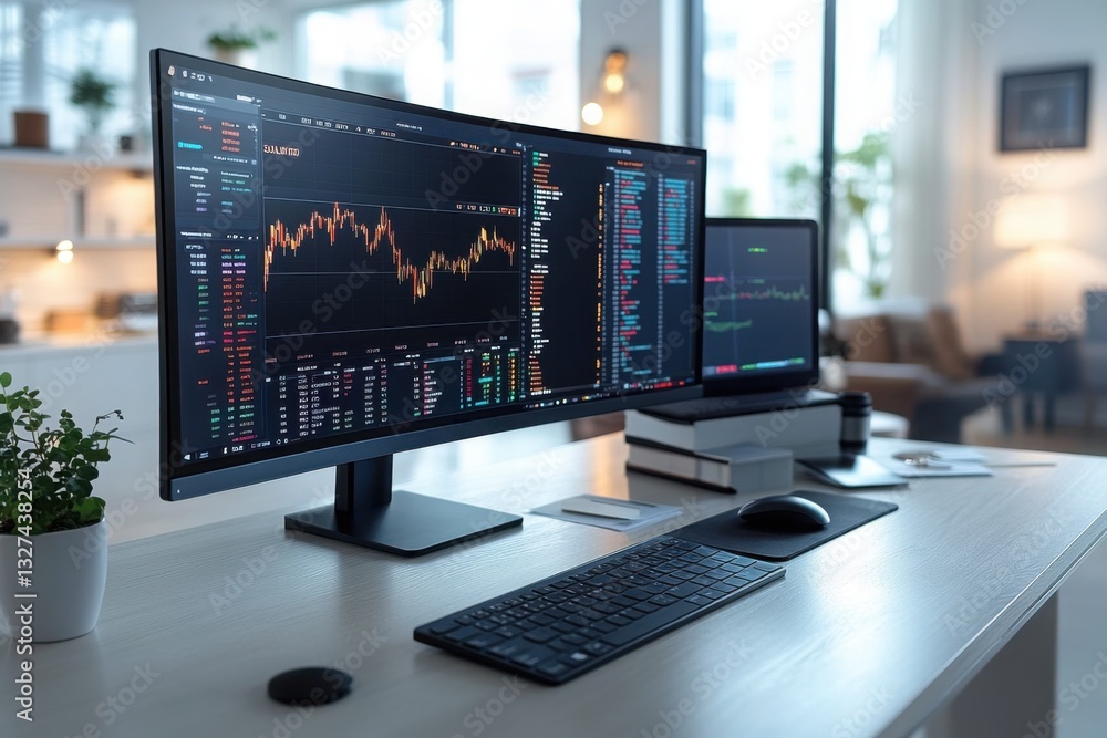 Poster trading station: modern desk setup with financial data on dual computer monitors