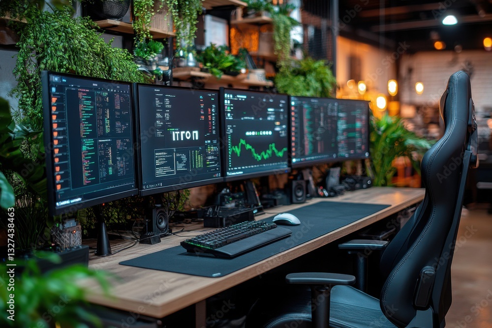 Poster workspace setup: monitors keyboard plants create inspiring atmosphere for work