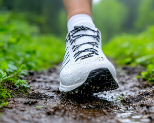 Hiking shoe treads through a muddy puddle