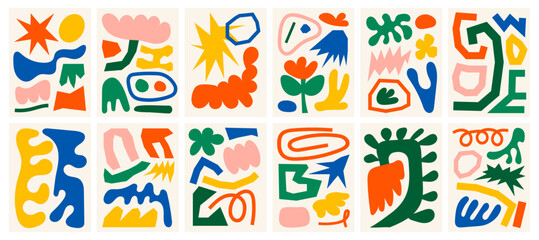 Set of colorful abstract shapes illustrations. Fun artistic backgrounds with doodles. Collection of hand-drawn childish elements. Playful collages and patterns for posters, cards, covers, or branding.