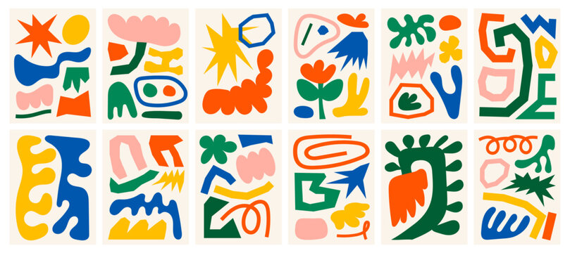 Set of colorful abstract shapes illustrations. Fun artistic backgrounds with doodles. Collection of hand-drawn childish elements. Playful collages and patterns for posters, cards, covers, or branding.
