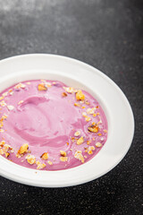 Yogurt berry healthy breakfast fresh delicious gourmet food background on the table rustic food top view copy space keto and paleo diet