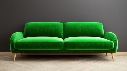 Fototapeta premium Cozy green couch positioned against a subtle grey wall in a modern home interior living space design scene