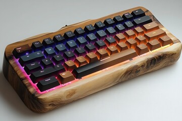 Custom keyboard with a unique wooden frame and colorful backlighting for each key