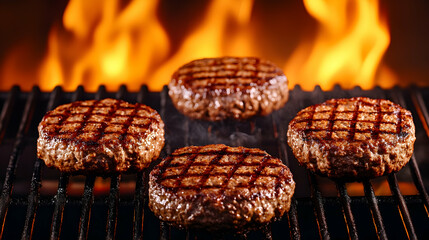 Four juicy, grilled patties cooking on a hot grill