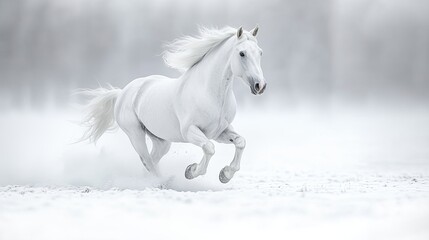 White horse galloping snow winter field; winter equine elegance