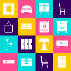 Set Wardrobe, Chest of drawers, Furniture nightstand, Sofa, Mirror, and icon. Vector