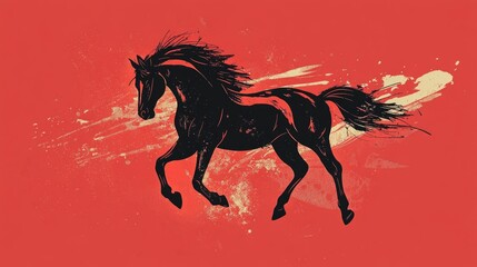 Obraz premium Elegant black horse silhouette on vibrant red splash background. 2026 year red fiery horse according calendar