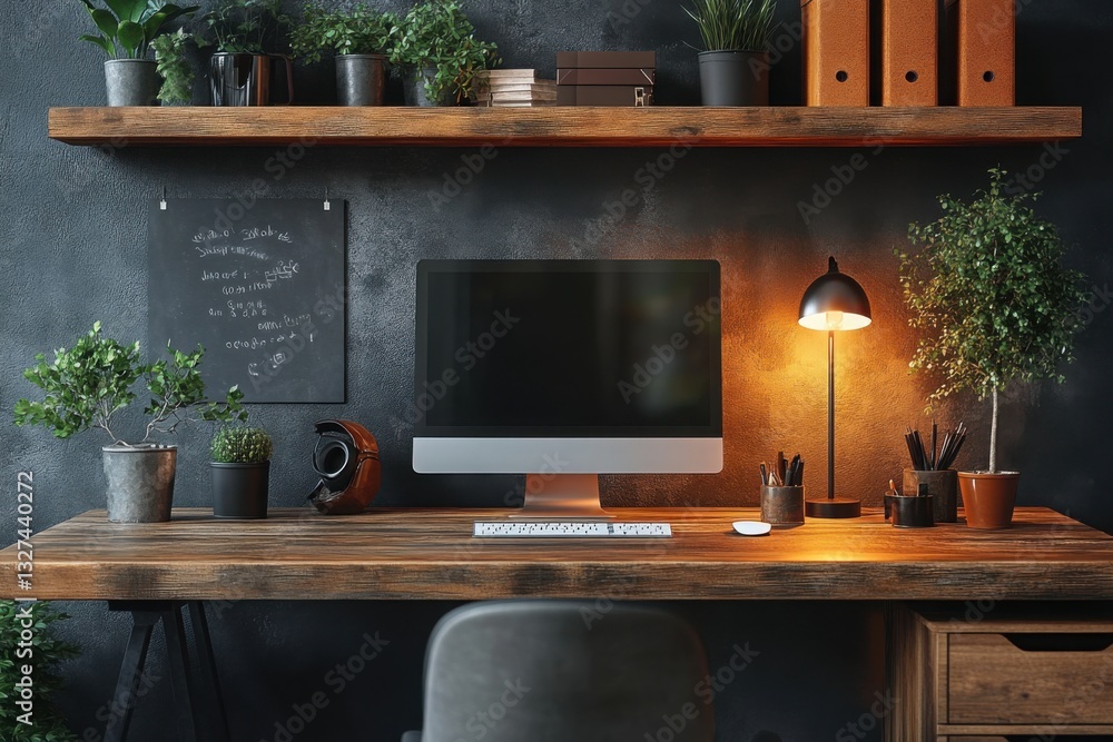 Poster a computer workstation set on a wooden desk with a dark wall and overhead shelf
