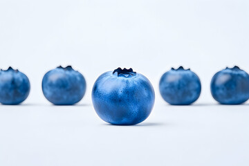 Fresh blueberries in a row against a white background