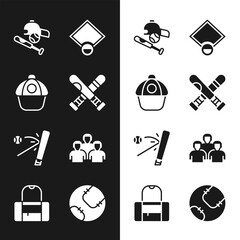 Set Crossed baseball bat, Baseball cap, with ball, hat, field, Team of players, and Sport bag icon. Vector