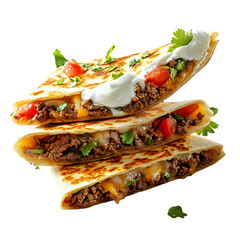Three Stacked Quesadillas with Salsa and Sour Cream Isolated on Transparent Background