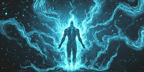 Fototapeta premium A glowing figure radiating energy amidst a cosmic nebula backdrop