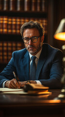 Lawyer reviewing case files at desk in office  
