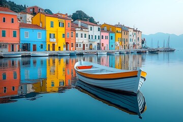 Obraz premium Colorful Waterfront Houses, Boats, and Reflections in Calm Water