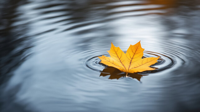 Golden autumn maple leaf floating on a calm river