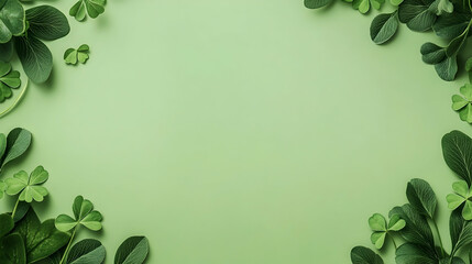 Fresh green leaves and clover frame on a pastel background