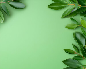 Fresh green leaves arranged in a frame on a light mint green background
