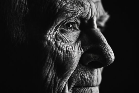Elderly caucasian male's reflective side profile in high contrast black and white