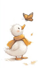 Watercolor Duckling with Scarf Gazing at Butterfly in a Whimsical Scene