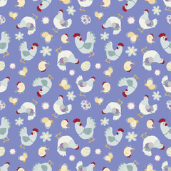 Seamless vector drawing with chickens and Easter eggs. Hand-drawn illustration with cute chickens. It is ideal for textiles, wallpaper or decoration of a children's room.