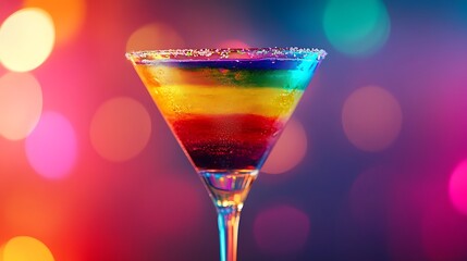 Preparing Multi-colored Cocktail Drink on Bright Bokeh Lights Background