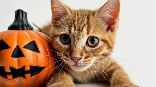 A red kitten is laying on a white background with a pumpkin. Halloween theme. The pumpkin lantern has a scary face on it.