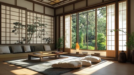 Fototapeta premium Serene Japanese-Style Living Room with Nature View and Traditional Elements