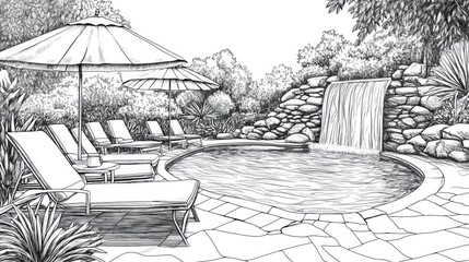 Outdoor swimming pool design with landscaping and patio furniture