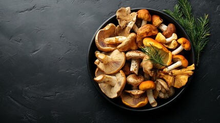 Fototapeta premium Freshly harvested wild mushrooms on a dark textured surface, natural harvest