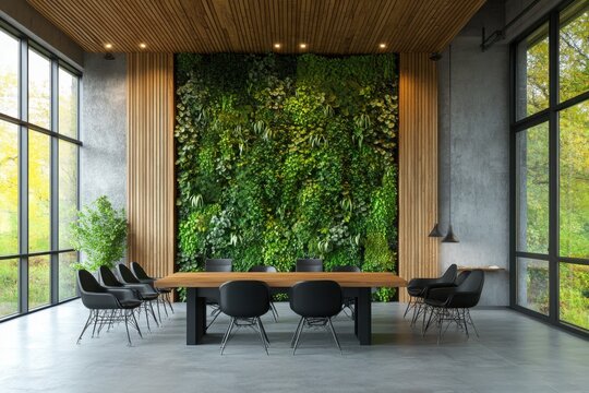 Modern conference room with a living plant wall natural light and sleek design - Powered by Adobe