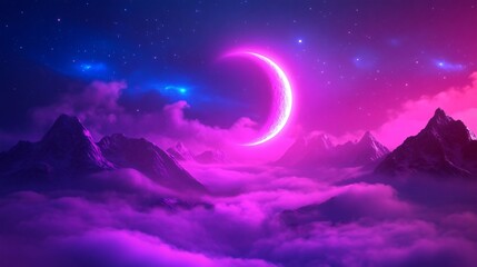 Obraz premium Vibrant cosmic landscape, swirling clouds with neon colors, glowing crescent moon illuminating surreal mountain range, dreamlike scenery for creative projects.