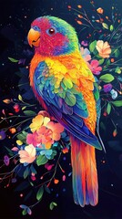 Obraz premium Vibrant rainbow parrot perched on a branch adorned with colorful flowers. A digital art masterpiece showcasing nature's beauty.
