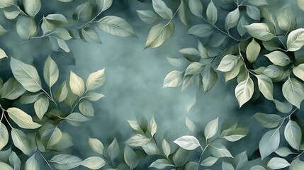Watercolor Leaves Frame on Soft Background, Elegant watercolor leaves on a soft, light background, creating a serene and natural frame